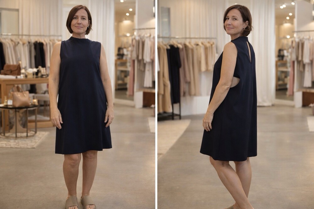 4SI3NNA Navy Mock Neck Dress L Side Cutouts Pockets Sleeveless A-Line Large